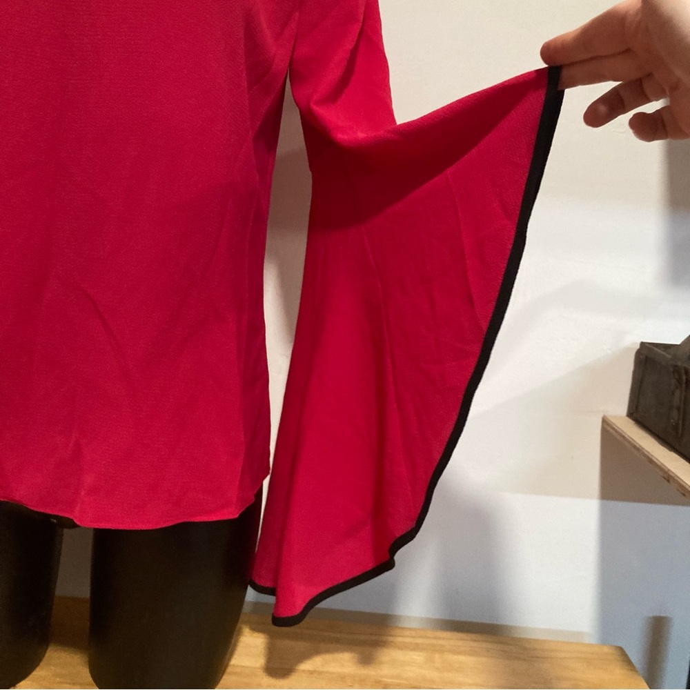 New York & Company Magenta Off-the-Shoulder Ruffled Blouse with Black Trim Small - Picture 3 of 14